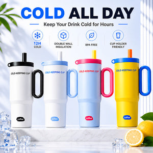 26oz insulated stainless steel travel tumblers with handle and straw in white, light blue, pink, and yellow