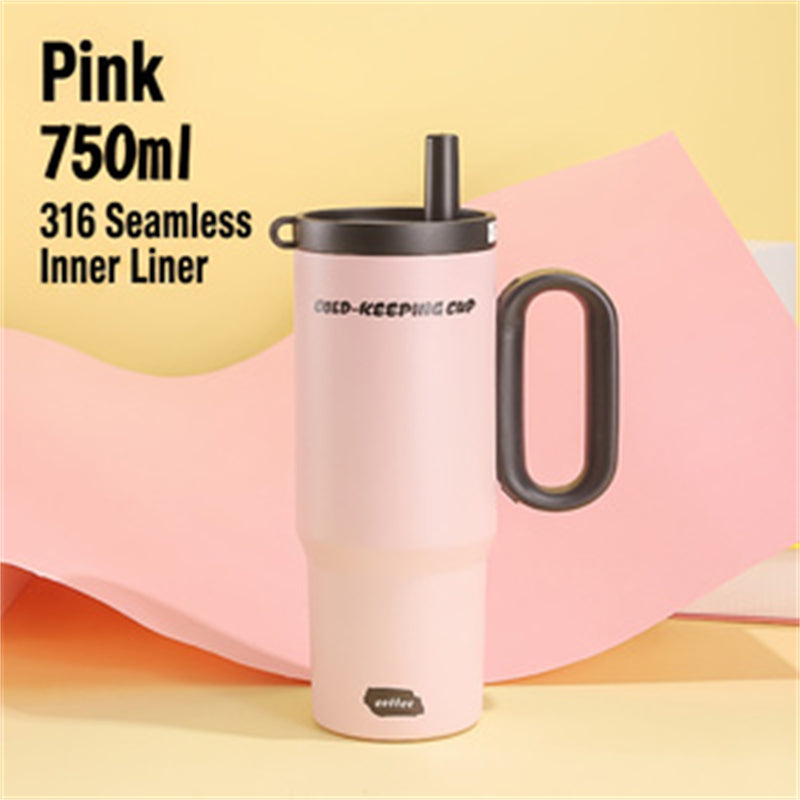 Pink 26oz insulated stainless steel travel mug with handle and straw.