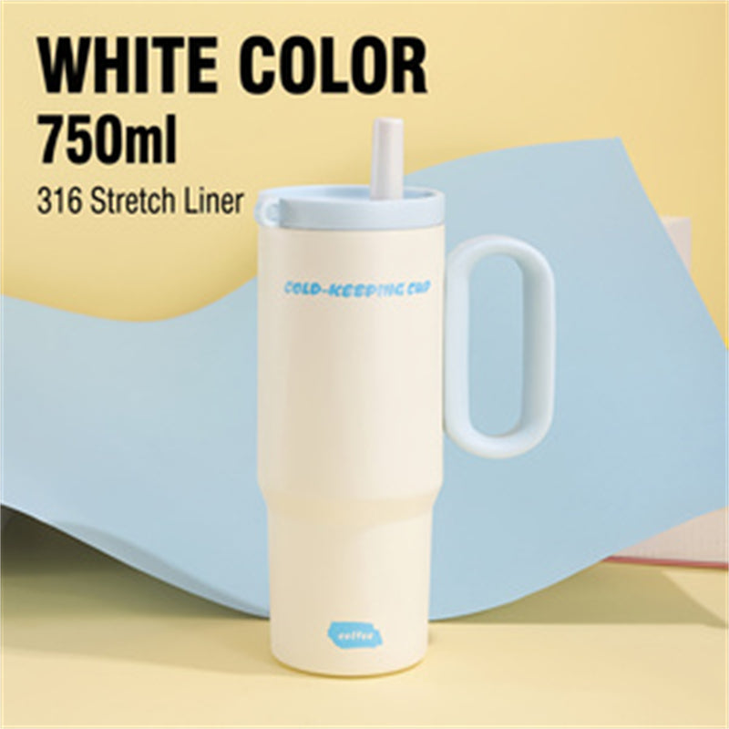 White 26oz insulated stainless steel travel mug with handle and straw.