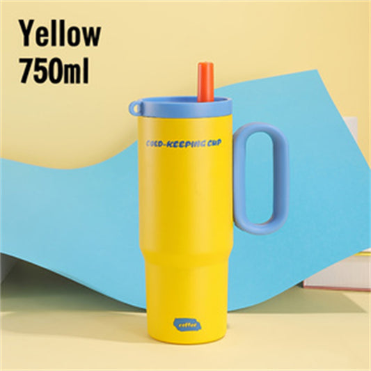 Yellow 26oz insulated stainless steel travel mug with handle and straw.
