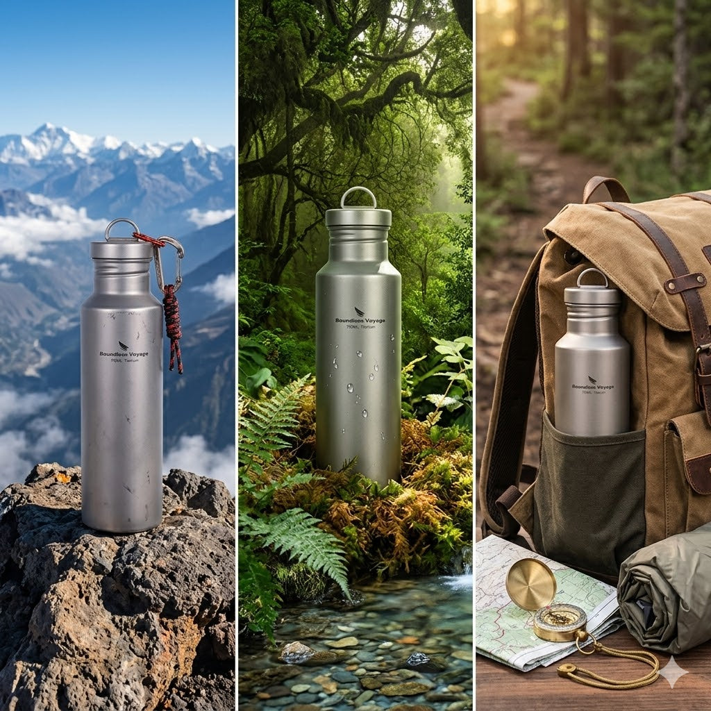 Ultralight titanium sports bottle 750ml in outdoor settings – mountain, forest and hiking