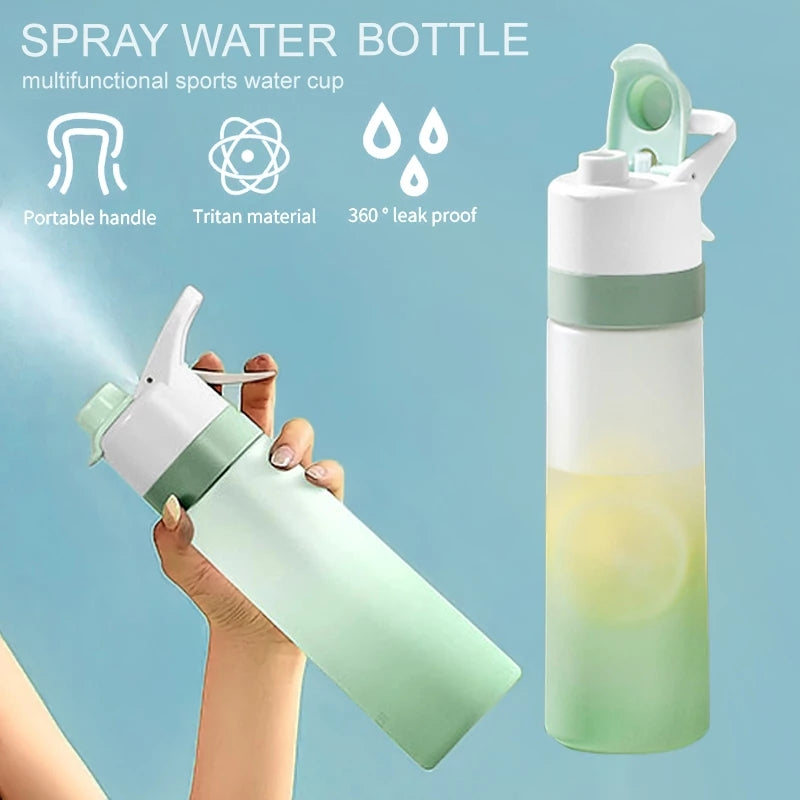 Close-up of mist spray function on sports water bottle for instant cooling