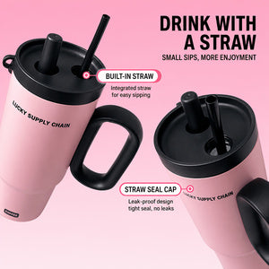 Lid detail showing two drinking options: reusable straw and direct sip opening.