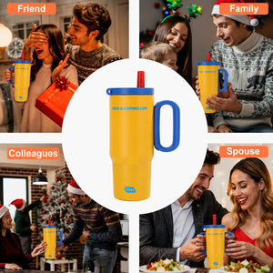 Yellow 26oz insulated tumbler with handle used during daily activities and outdoor travel.
