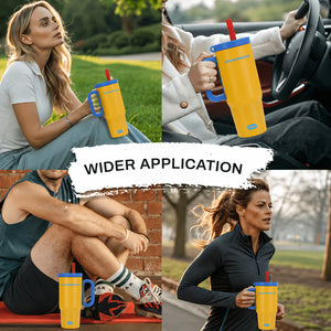 Lifestyle photos showing the insulated travel tumbler fitting into standard car cup holders.